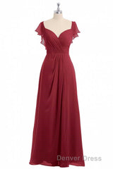 Wine Red Chiffon Backless Ruffled Sleeve Long Bridesmaid Dresses
