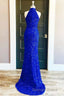 Blue Sequin Halter Long Formal Dresses with Slit