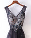 Black V Neck Lace Applique Tulle Long Prom Dress, Black Prom Dresses