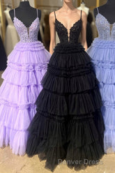 Black Layers Plunging V A-line Floral Long Prom Dresses