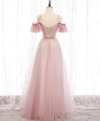 Pink V Neck Tulle Lace Long Prom Dresses, Pink Bridesmaid Dresses, 1