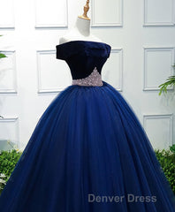 Dark Blue Tulle Off Shoulder Long Prom Dresses, Blue Sweet 16 Dresses