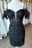 Black Off The Shoulder Sequined Embroidery Sheath Homecoming Dresses with Feathers