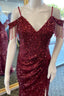 Wine Red Sequin Fringe Cold Shoulder Long Prom Dresses with Slit