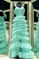 Mint Green Ruffle Straps A-line Multi-Layers Long Prom Dress