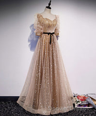 Champagne Sweetheart Tulle Long Prom Dresses, Tulle Formal Dresses