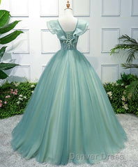 Green V Neck Tulle Long Prom Dresses, Green Evening Dresses