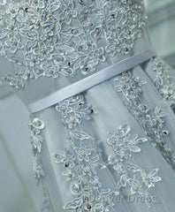 Gray A Line Lace Tulle Short Prom Dresses, Homecoming Dresses