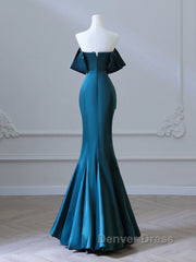 Simple Off Shoulder Satin Ink Blue Long Prom Dresses, Ink Blue Long Formal Dresses