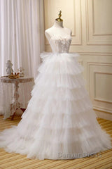 3D Flowers Spaghetti Straps Beading Ivory Tulle Wedding Dresses