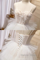 3D Flowers Spaghetti Straps Beading Ivory Tulle Wedding Dresses