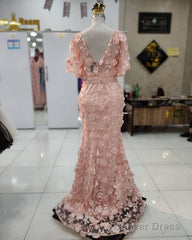 3D Lace Flowers Mermaid V Neck Puffy Sleeves Dresses