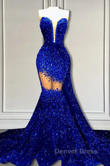 V-Neck Sequins Prom Dresses Mermaid Sleeveless Crystal.