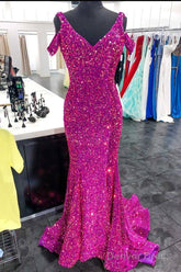4 Fuchsia Sequin Formal Dresses Cold-Shoulder Mermaid Prom Dress Long