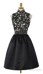 A-Line High Neck Open Back Above-Knee Black Homecoming Dress 2025 with Lace Sequins