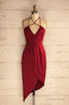 Sheath Halter Asymmetrical Dark Red Satin Homecoming Dresses