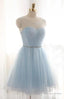 A Line Jewel Light Blue Tulle Short Homecoming Dresses 2026 with Beading Pleats