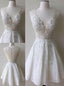A Line Deep V Neck White Lace Short Homecoming Dresses with Appliques Beading