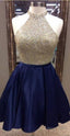 A Line Jewel Navy Blue Satin Short Homecoming Dresses 2026 with Beading