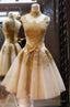 A Line High Neck Knee Length Champagne Short Homecoming Dresses 2026 with Appliques