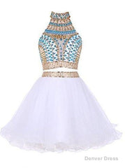 Two Piece High Neck White Tulle Short Homecoming Dress 2025 with Beading Rhinestone