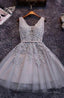 Princess A Line V Neck Appliques Gray Tulle Homecoming Prom Dresses