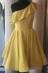 One Shoulder Ruffled Short Yellow Homecoming Dresses