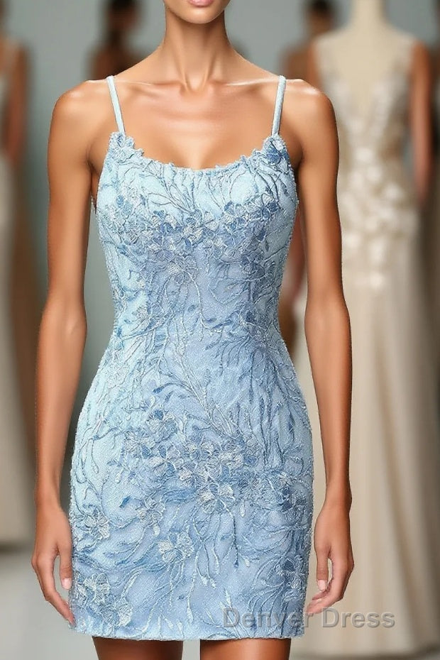 Light Blue Tight Hoco Dress with Appliques – Denver Dress