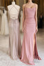 Dusty Pink Satin Lace Up Sheath Long Bridesmaid Dresses with Slit