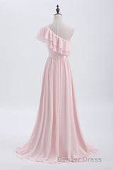 Ruffles Pink One Shoulder Chiffon A-line Long Bridesmaid Dresses