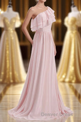 Ruffles Pink One Shoulder Chiffon A-line Long Bridesmaid Dresses