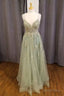 Sage Green Floral Appliques Straps A Line Prom Dresses
