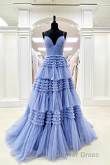 Elegant Light Blue Side Slit Tulle Long Prom Dresses