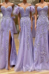 Purple Tulle Lace Long Prom Dresses, Purple Tulle Formal Evening Dresses