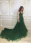 Dark Green Low Back Beaded Lace V Neckline Prom Dress, A Line Prom Dresses