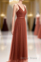 Rust Orange V-Neck Backless A-Line Long Bridesmaid Dresses