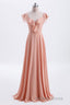 Peach Ruffles A lline Chiffon Long Bridesmaid Dresses with Tie Back