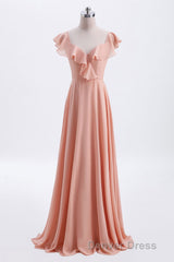 Peach Ruffles A-lline Chiffon Long Bridesmaid Dresses with Tie Back