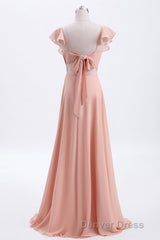 Peach Ruffles A-lline Chiffon Long Bridesmaid Dresses with Tie Back