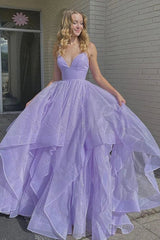 Princess Lavender Tiered Spaghetti Straps Long Prom Dress