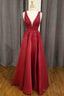 Red Lace Satin Plunge V A Line Prom Dresses