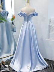 Blue A Line Off Shoulder Long Prom Dresses, Blue Evening Dresses