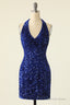 Royal Blue Sequin Halter Open Back Short Homecoming Dresses