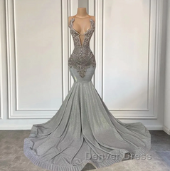 Silver Halter Mermaid Prom Dresses with Beadings