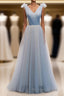 Simple Blue V Neck Tulle Long Prom Dress, Blue Prom Dresses