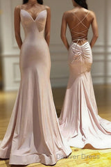 Spaghetti Straps Pink Mermaid Evening Party Dresses Long Prom Dresses