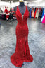 Red Sequin Plunge V Backless Mermaid Long Prom Dresses with Slit