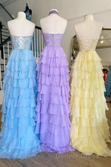 Lavender Illusion Halter Flower Appliques Multi-Layers Long Prom Dresses