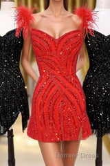 Red V Neck Feathers Sequins Sheath Homecoming Dresses