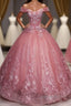 Pink Tulle Lace Off Shoulder Long Prom Dress, Pink Tulle Prom Dresses, 1